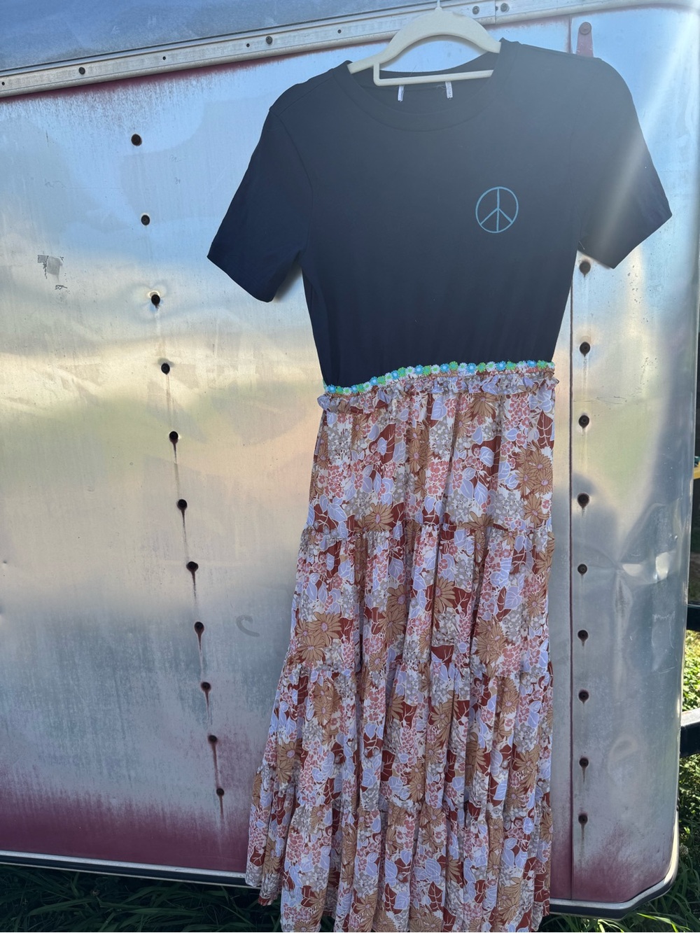 Navy Graphic Tee with Floral Tiered Maxi Skirt
